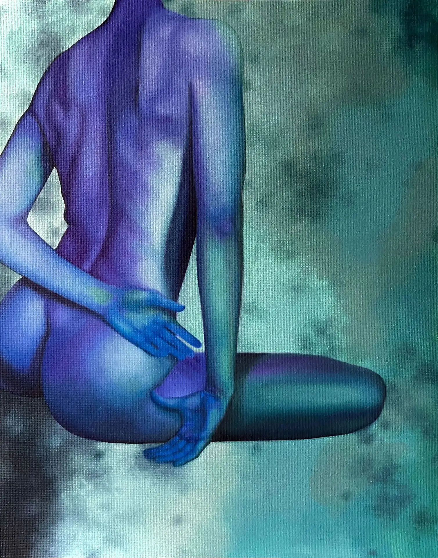 A painting depicting a female nude in shades of blue and turquoise against a cloudy background, modern figurative art in a realistic style