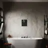 Modern bathroom with a painting of a female nude in green tones above the bathtub