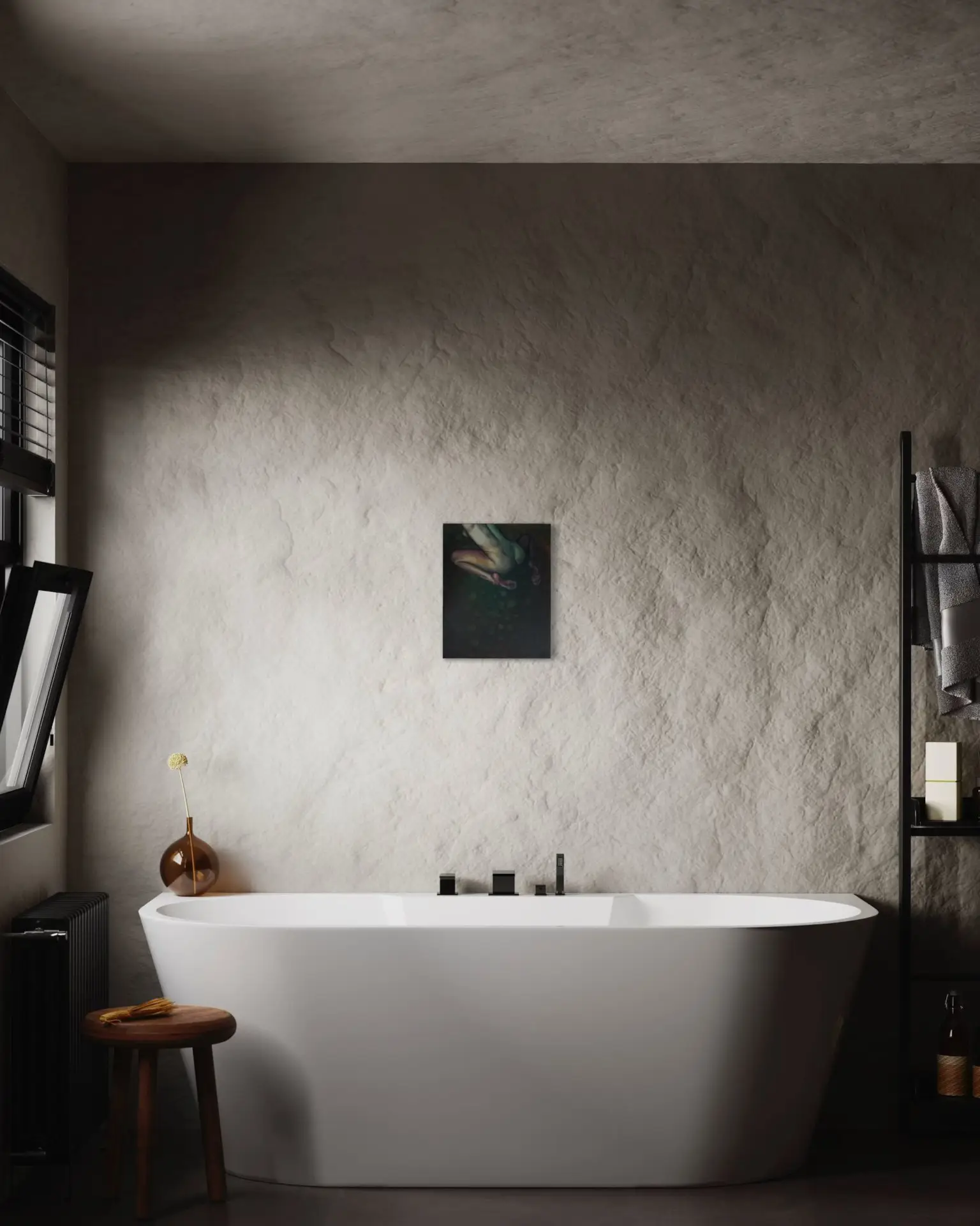 Modern bathroom with a painting of a female nude in green tones above the bathtub