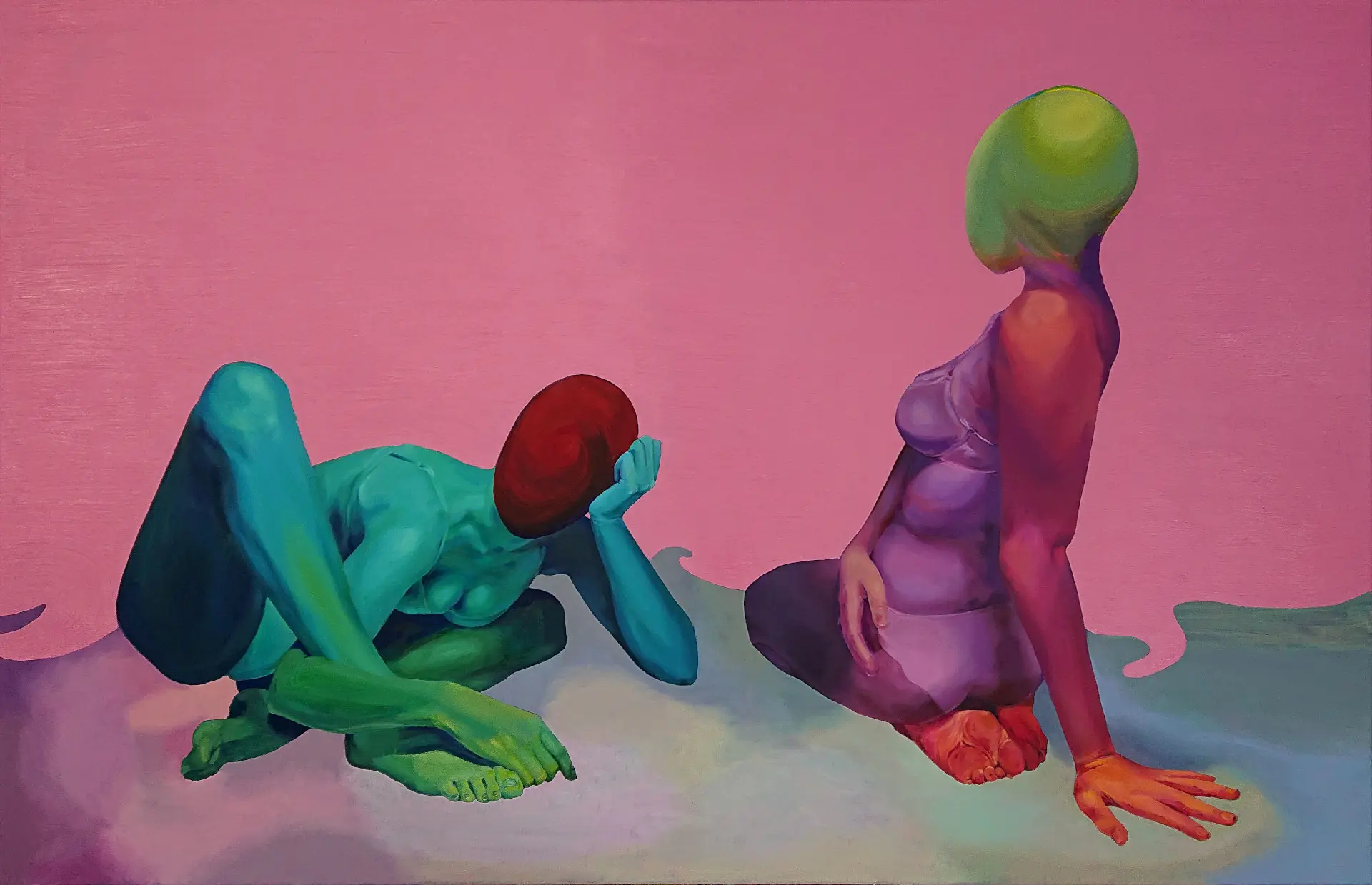 Jagoda Laprus. Oil painting 100x150cm. Two seated surreal female silhouettes with abstract heads – a large oil painting for the living room