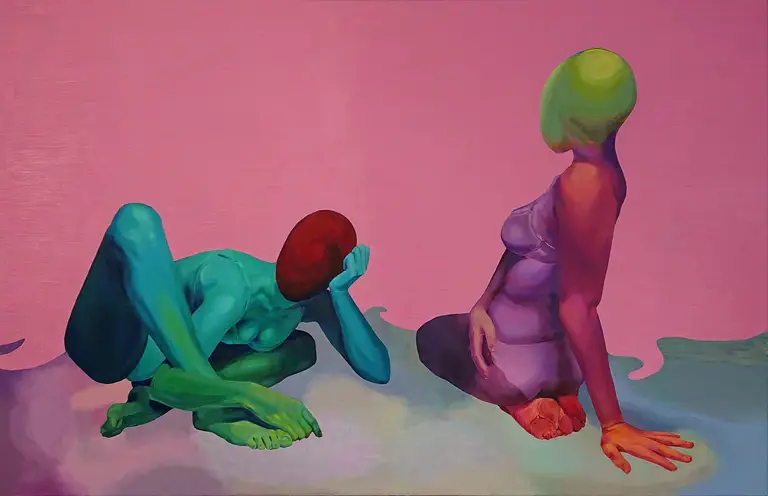 Jagoda Laprus. Obraz olejny 100x150cm. Dwie siedzące surrealistyczne kobiece sylwetki z abstrakcją zamiast głów duży obraz olejny do salonu