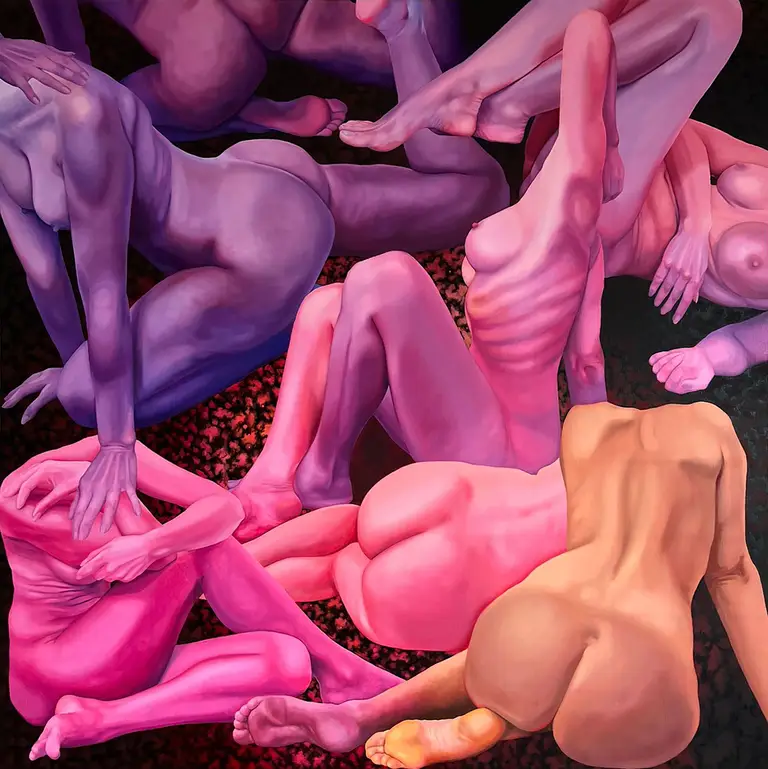 Large-format oil painting depicting female silhouettes in vibrant colors by Jagoda Laprus – young contemporary art.