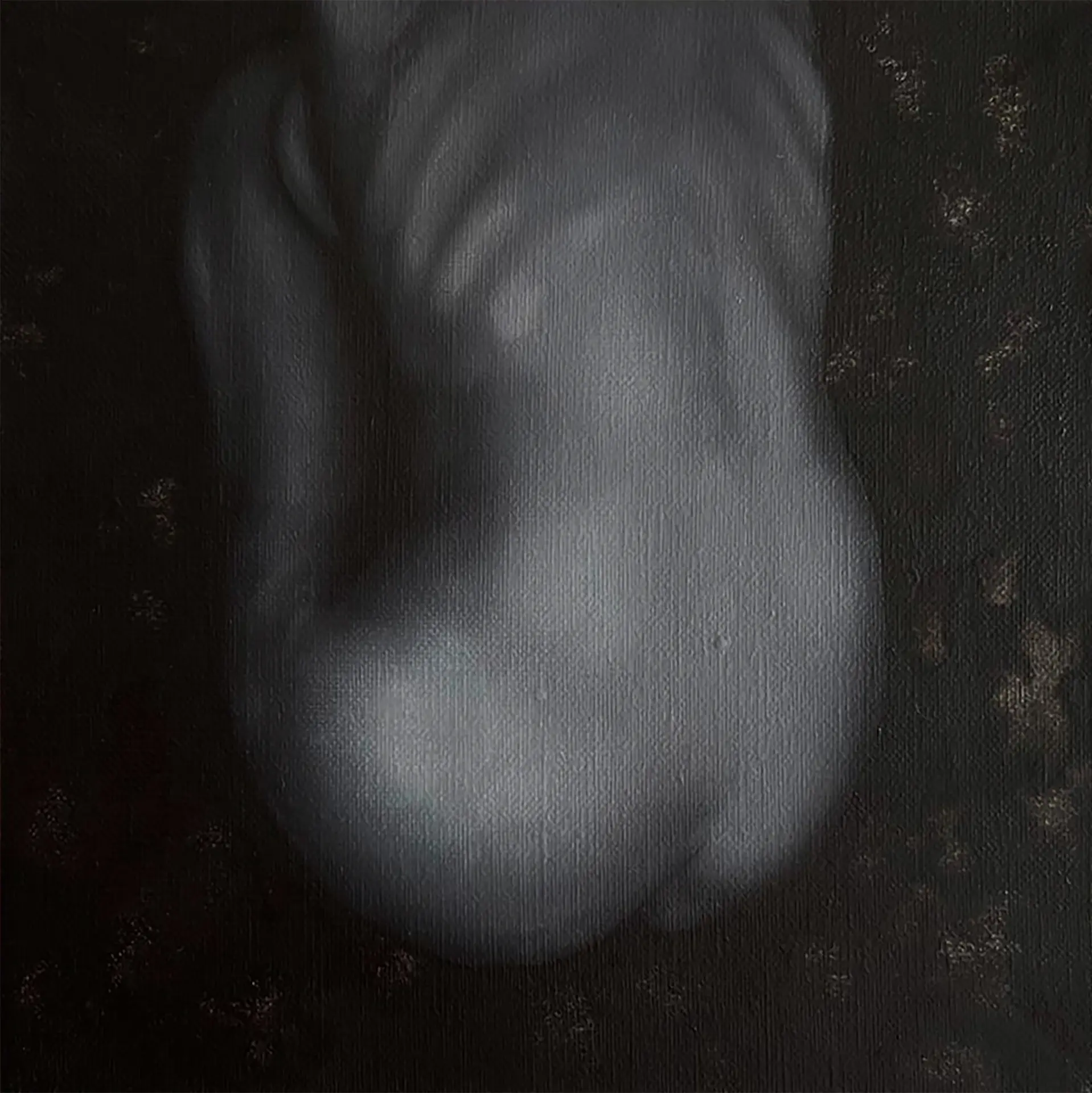 Jagoda Laprus. Oil painting 18x18cm. Black and white female back on a black abstract background