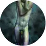 A round illustration depicting an artistic male torso nude in an abstract, multicolored style against a dark background