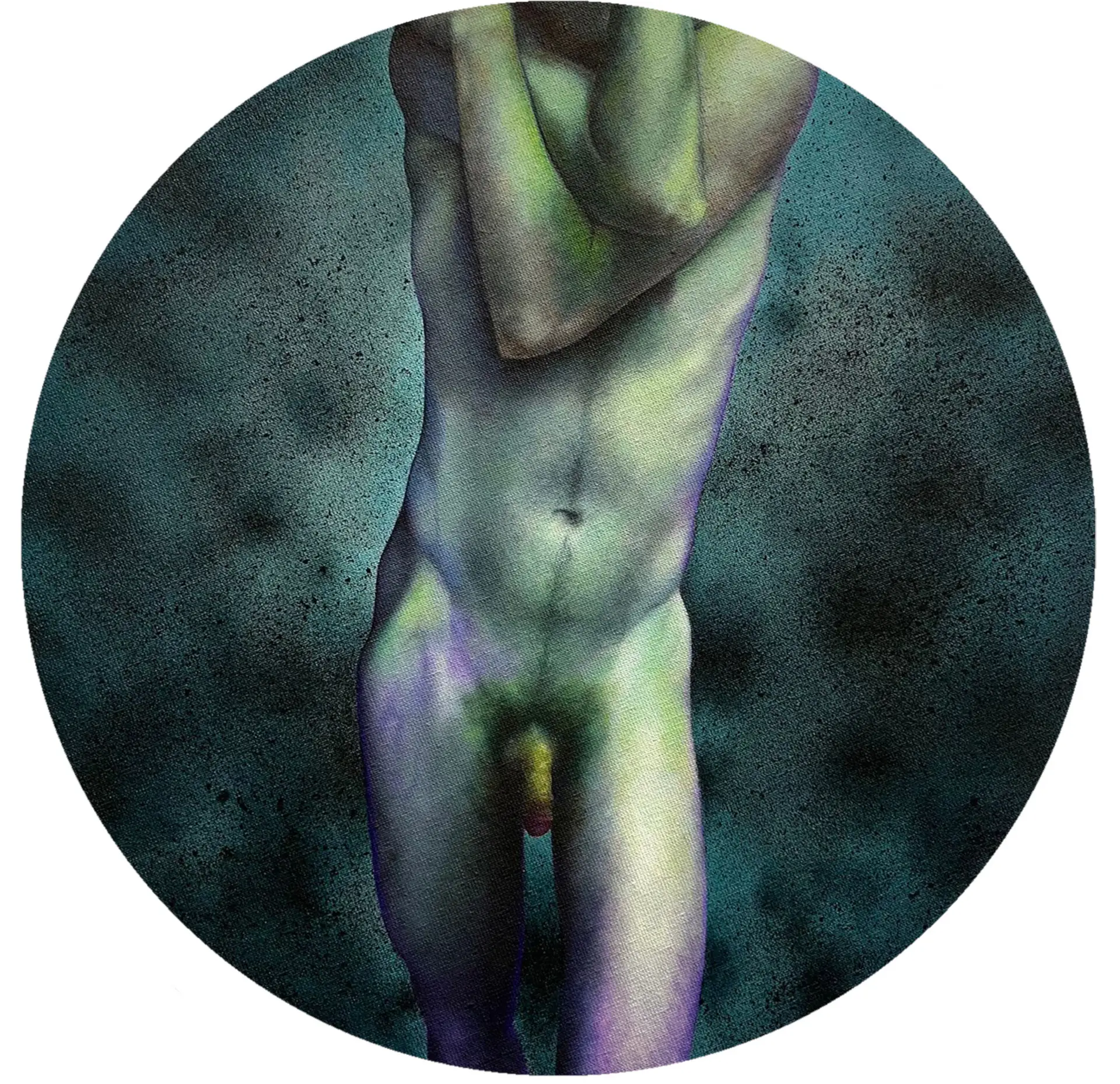 A round illustration depicting an artistic male torso nude in an abstract, multicolored style against a dark background