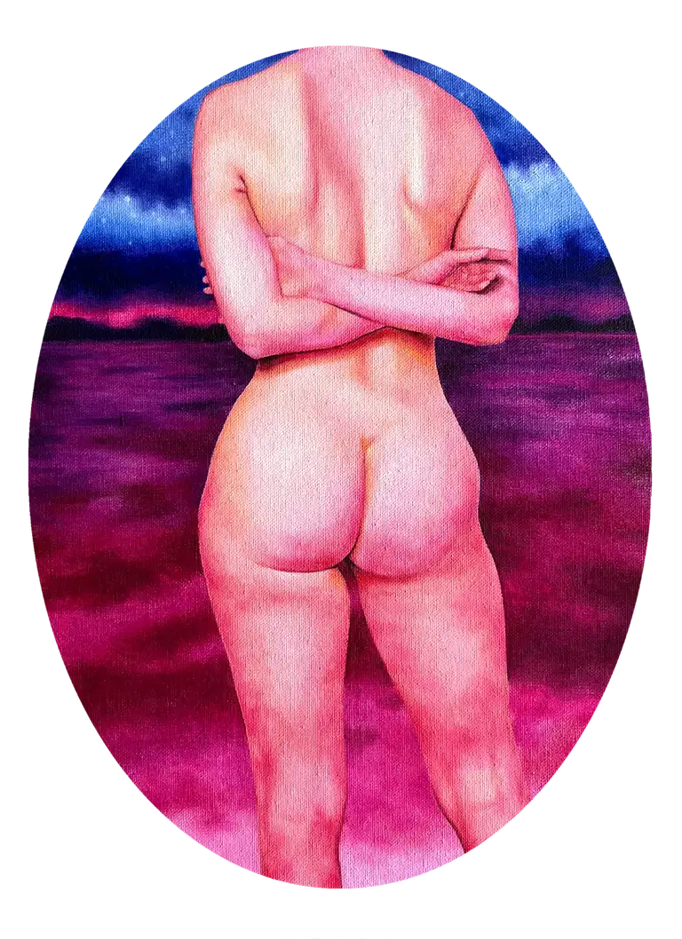Oval painting of a female nude against a purple landscape background