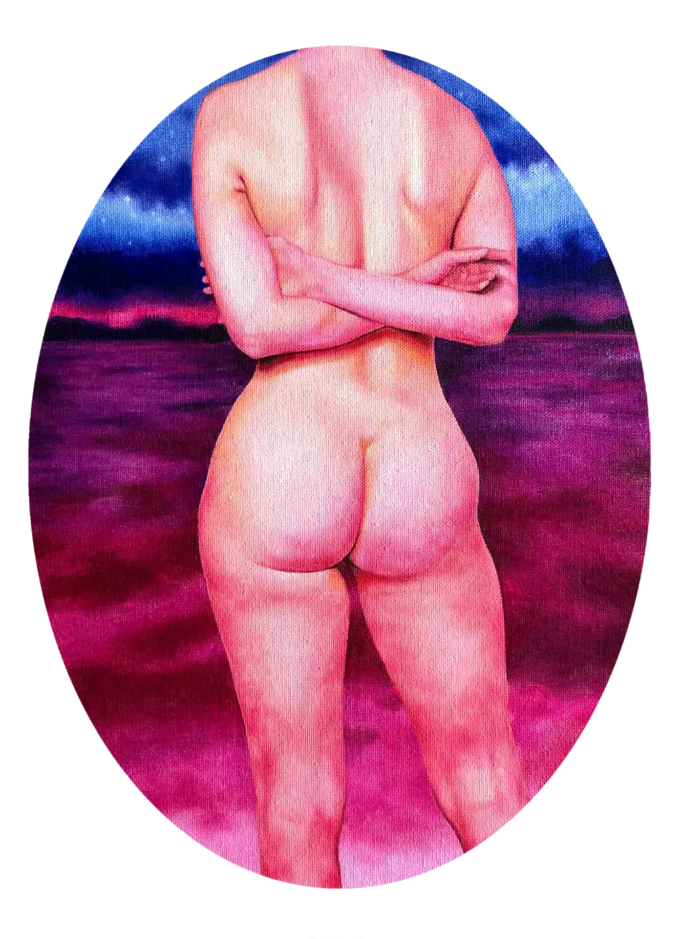 Oval painting of a female nude against a purple landscape background