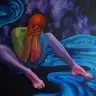 Jagoda Laprus. Painting 100x140cm. Emotional female nude set in a surreal space depicting a seated figure in rainbow colors hiding her face in her hands against swirling waves and dense clouds