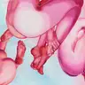 Jagoda Laprus. Oil painting 13x18cm. Three female nudes in shades of pink and peach holding each other's feet and floating in an abstract space