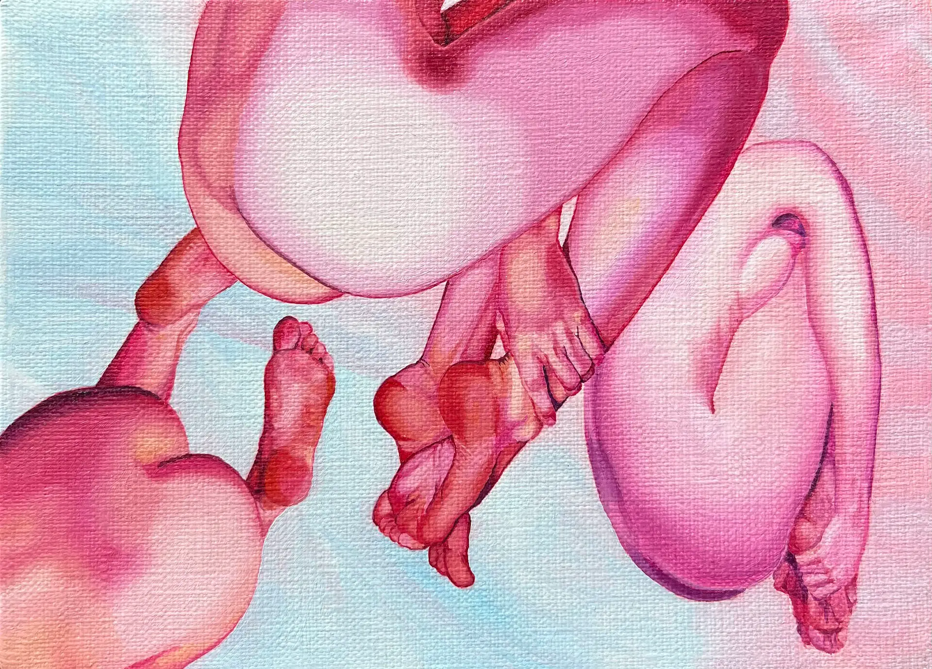 Jagoda Laprus. Obraz olejny 13x18cm. Trzy kobiece akty w odcieniach różu i brzoskwini trzymające się za stopy i unoszące się w abstrakcyjnej przestrzeni