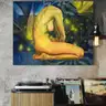 Oil painting with a yellow female nude on a concrete wall above a record player and a vinyl collection