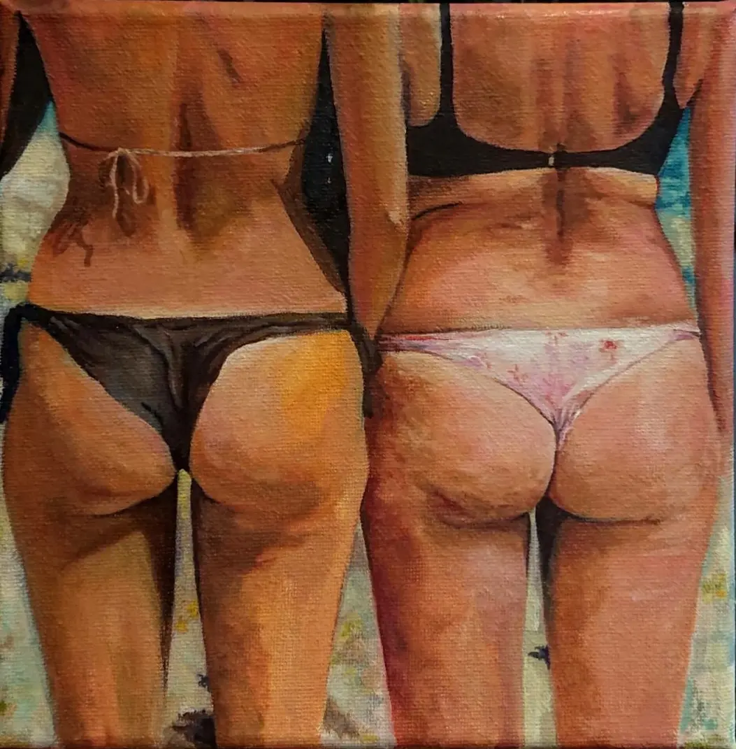 Jagoda Laprus. Oil painting 20x20cm. Tanned women in bikinis standing with their backs on a beach