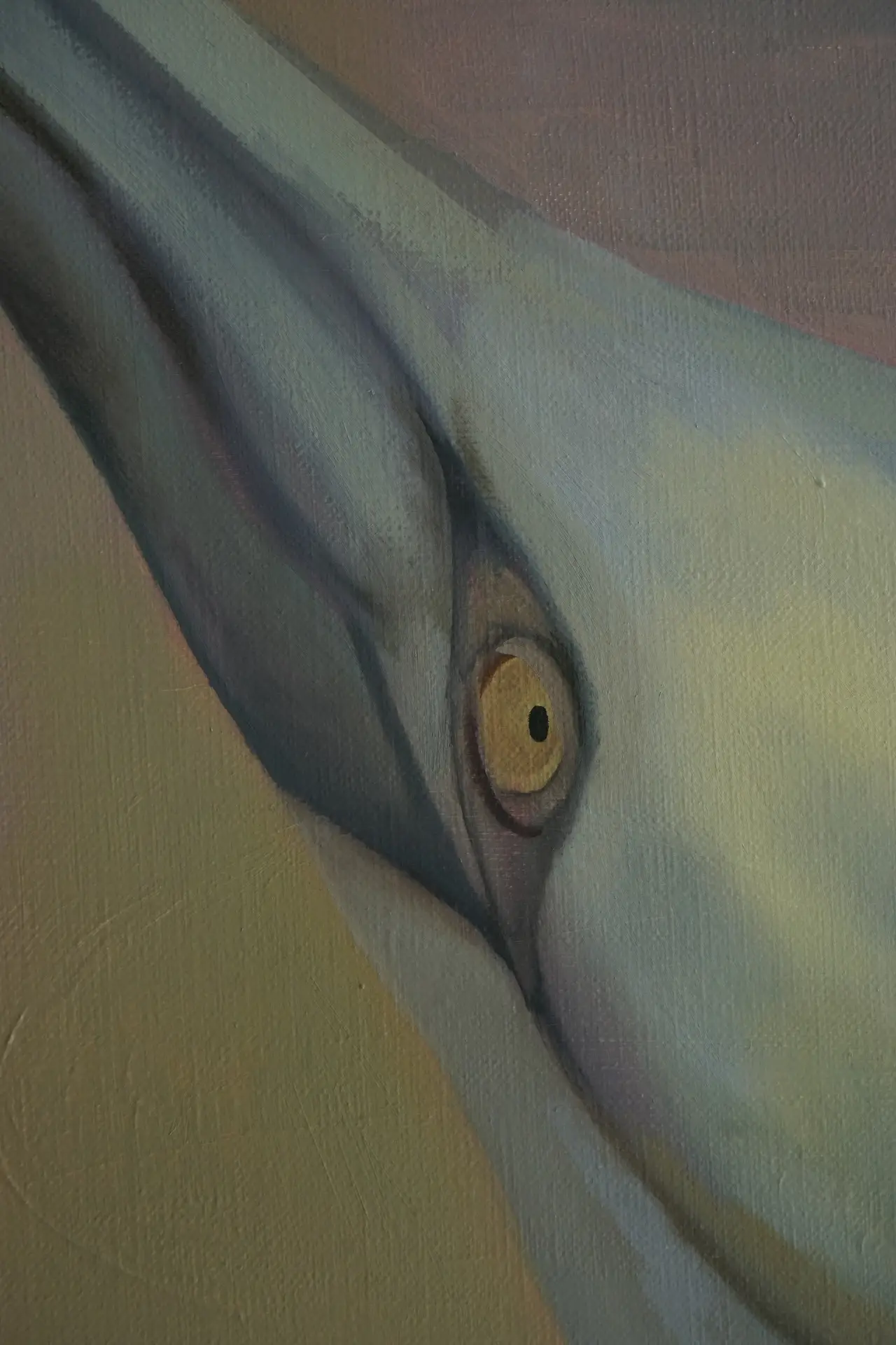 Close-up of a surrealist painting with a bird head in pastel colors