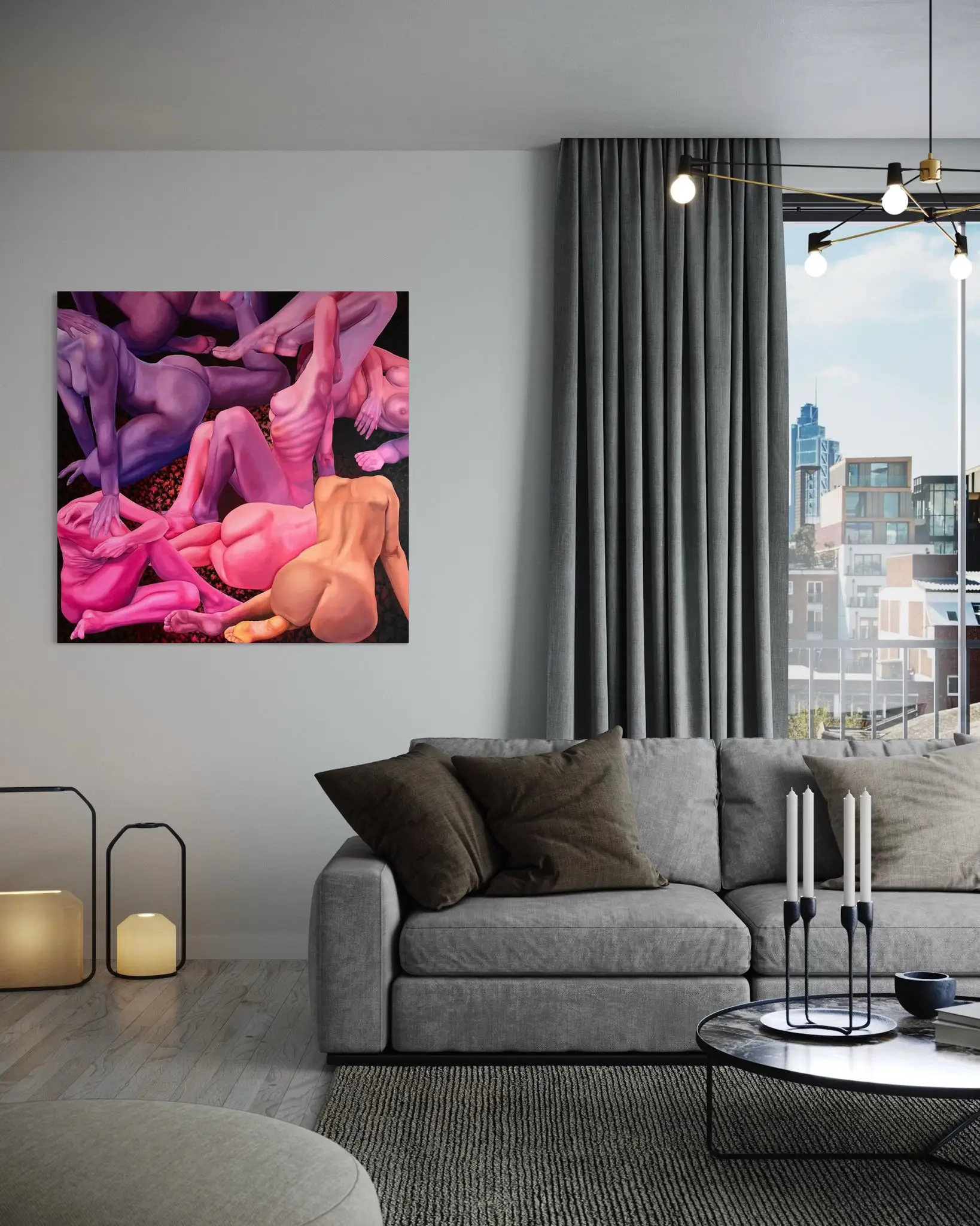 Visualization of the painting in a modern living room, above a sofa, near a window with a city view.