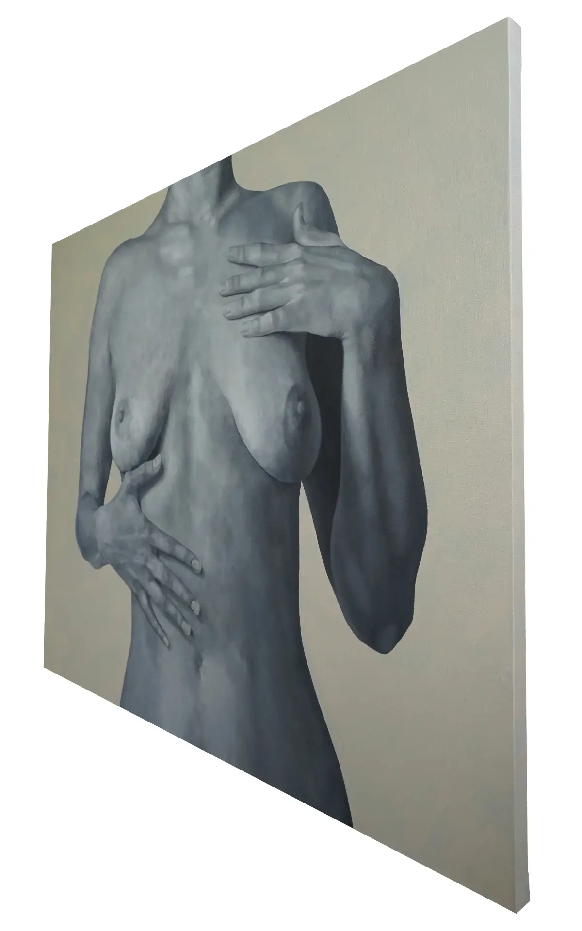 Oil painting with a female torso on canvas shown from a side perspective