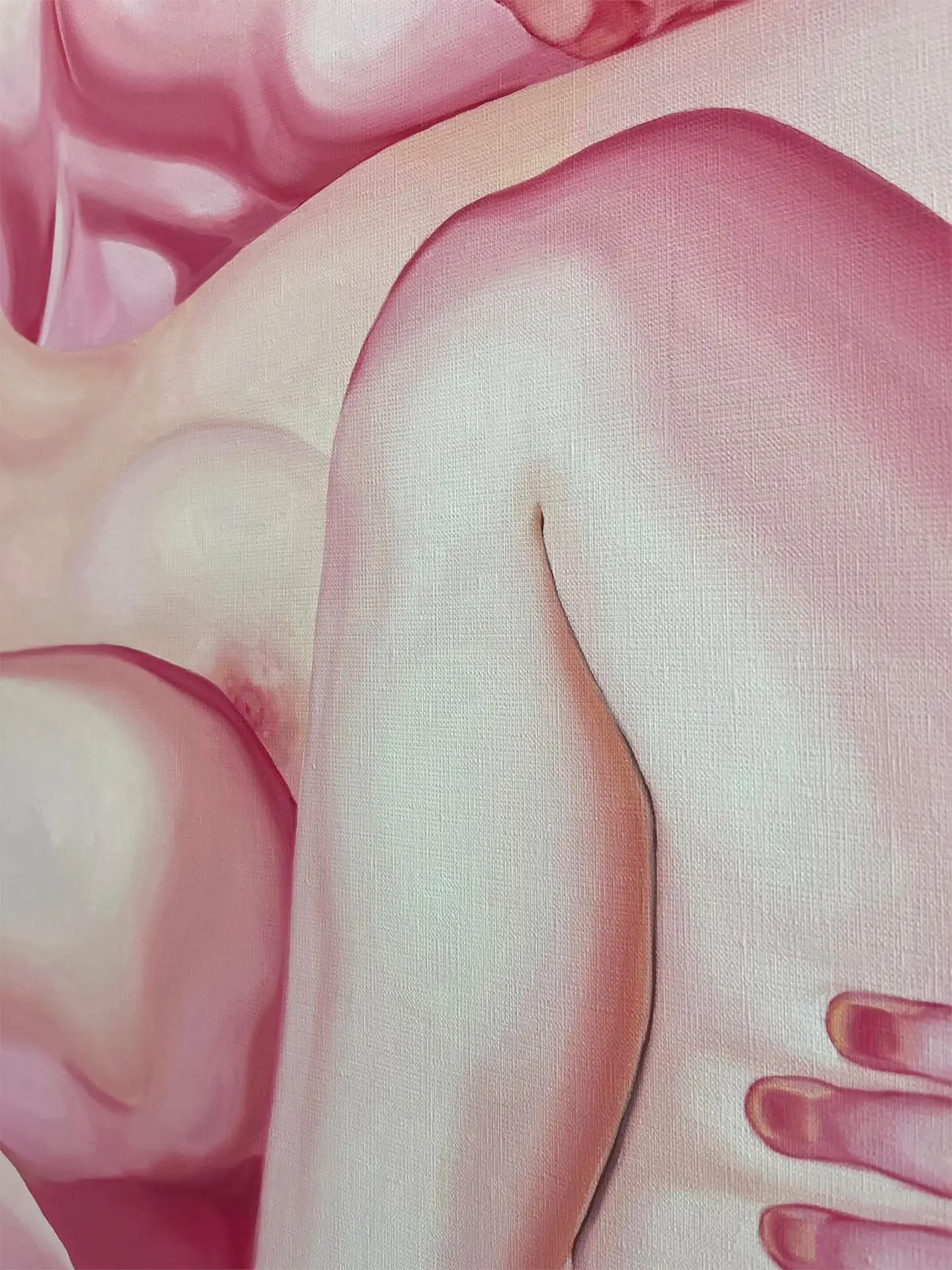Close-up of a section of the painting with pink female nudes, showing canvas texture and brushstrokes