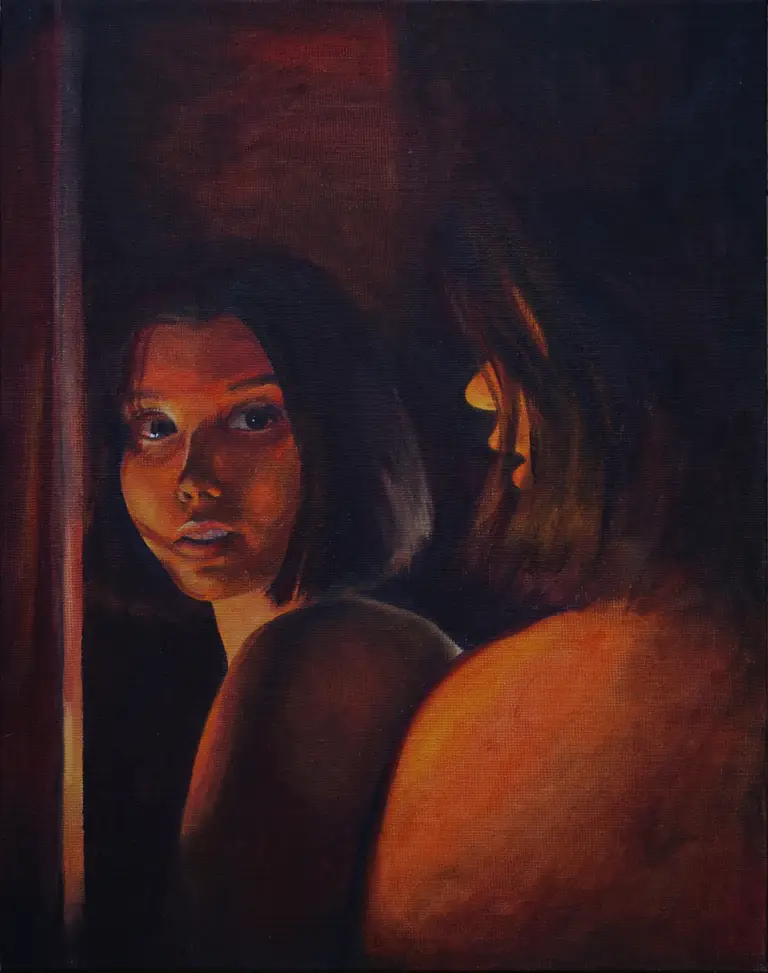 Jagoda Laprus. Obraz olejny 30x24cm. Realistyczny portret olejny autorstwa Jagody Laprus przedstawiający odbicie w lustrze młodej kobiety oświetlonej  ciepłym światłem