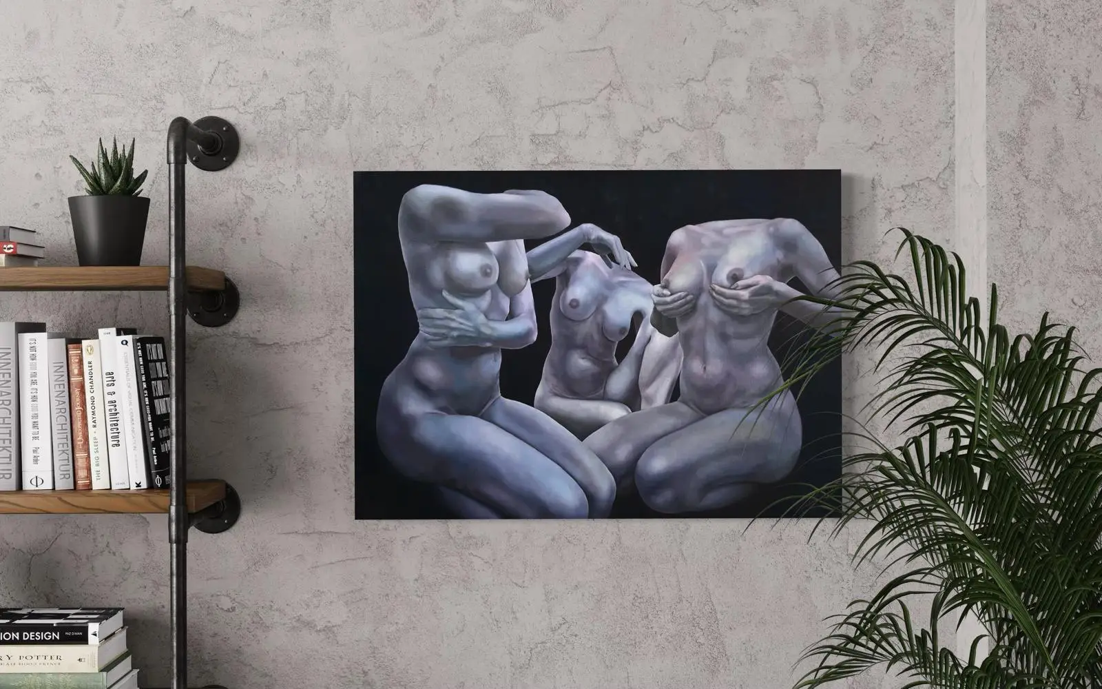 Modern office with surreal nude painting on the wall