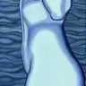 Jagoda Laprus. Oil painting 70x30cm. A work in gray-blue colors depicting a standing naked woman against a background of waves