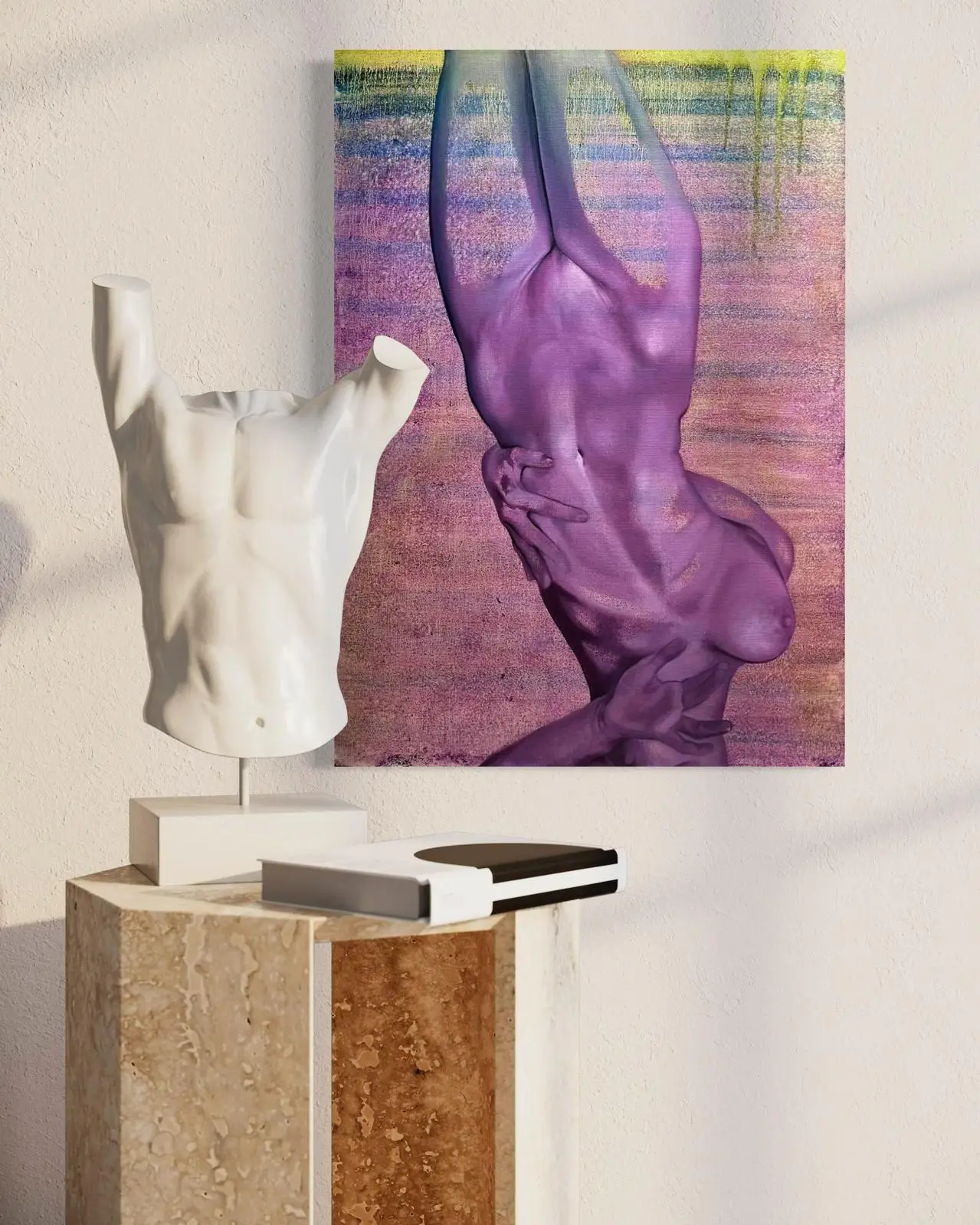 Oil painting by Jagoda Laprus depicting a nude female body in shades of purple, hanging upside down against an abstract background in pink, yellow, and turquoise hues. Contemporary interior with an elegant sideboard and decor