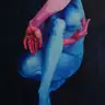 Jagoda Laprus. Painting 140x100cm. Mysterious female nude oil painting 140x100cm by artist Jagoda Laprus showing a tangled headless body in contrasting shades of blue and pink on a dark flat background