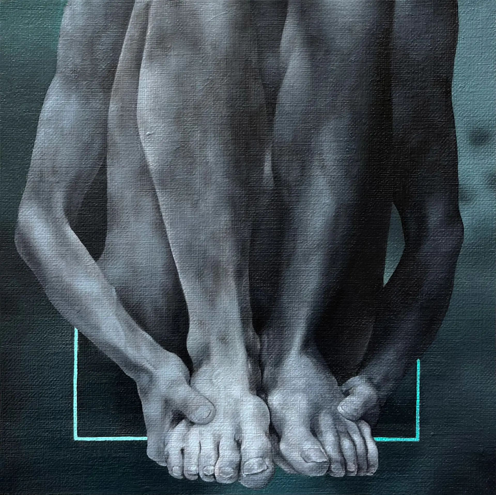 Jagoda Laprus. Oil painting 18x18cm. Black and white male seated nude with bent legs holding his feet on a dark turquoise background