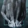 Jagoda Laprus. Oil painting 18x18cm. Black and white male seated nude with bent legs holding his feet on a dark turquoise background