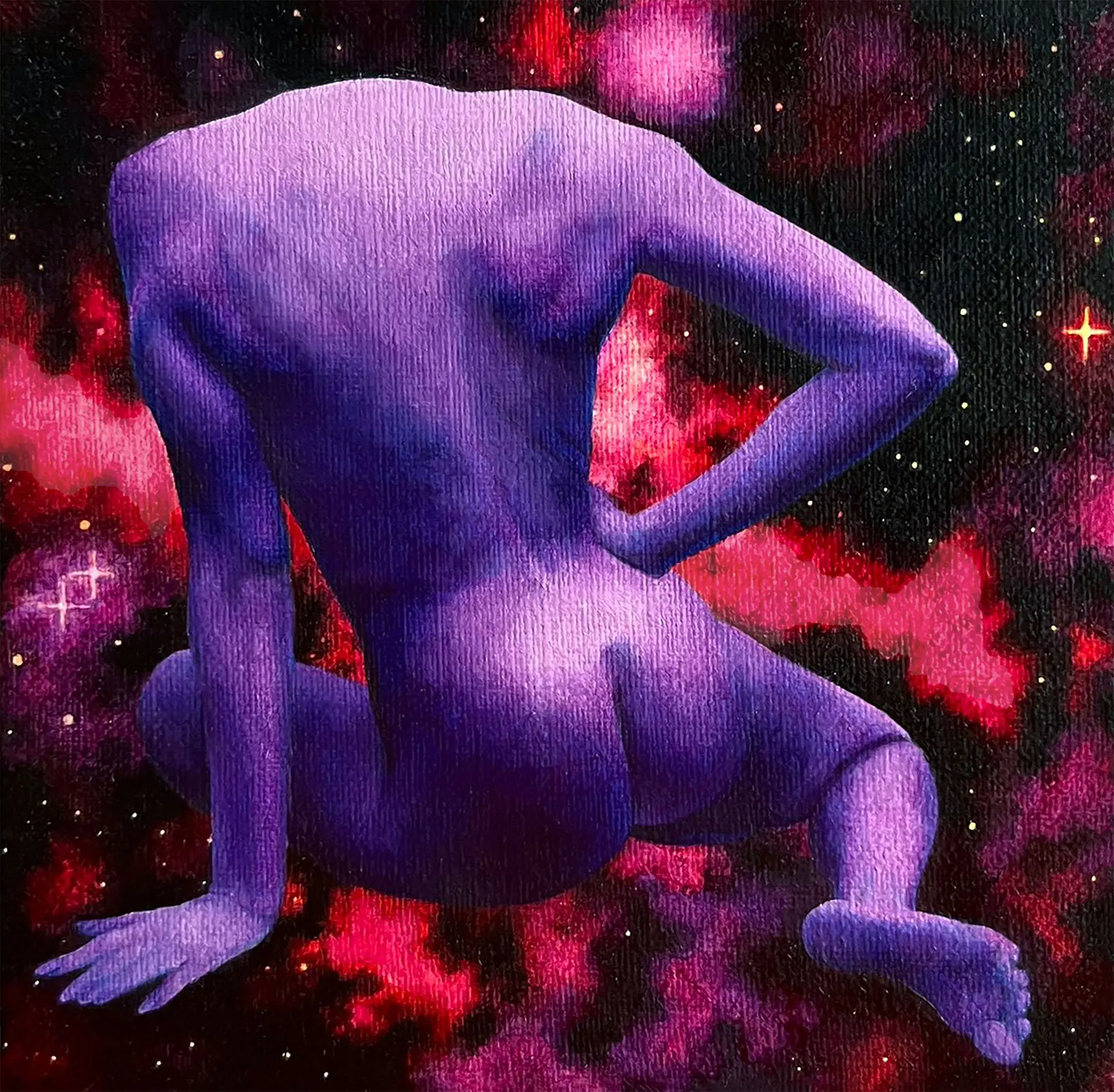 Jagoda Laprus. Oil painting 13x13cm. Purple nude against a cloudy cosmic sky