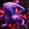 Jagoda Laprus. Oil painting 13x13cm. Purple nude against a cloudy cosmic sky