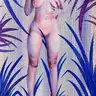 Oil painting depicting a female nude torso without a head, in pastel shades of pink and purple, surrounded by dynamic blue and violet leaves on a textured canvas background – contemporary art, figurative painting
