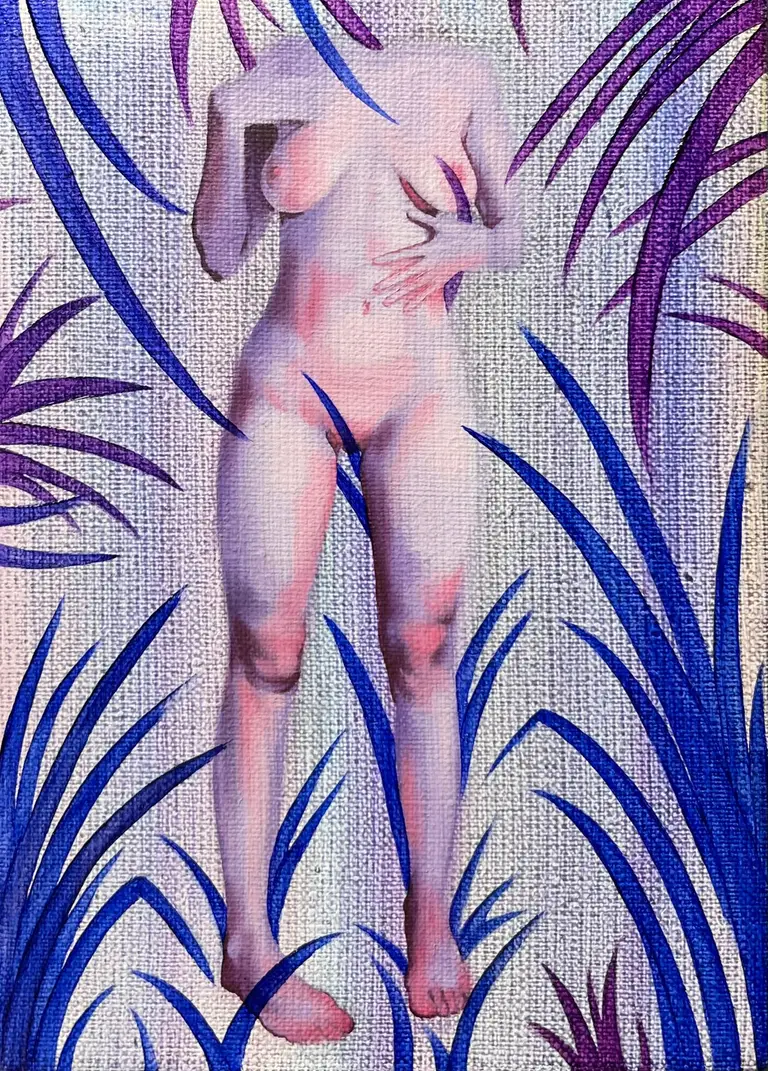Oil painting depicting a female nude torso without a head, in pastel shades of pink and purple, surrounded by dynamic blue and violet leaves on a textured canvas background – contemporary art, figurative painting