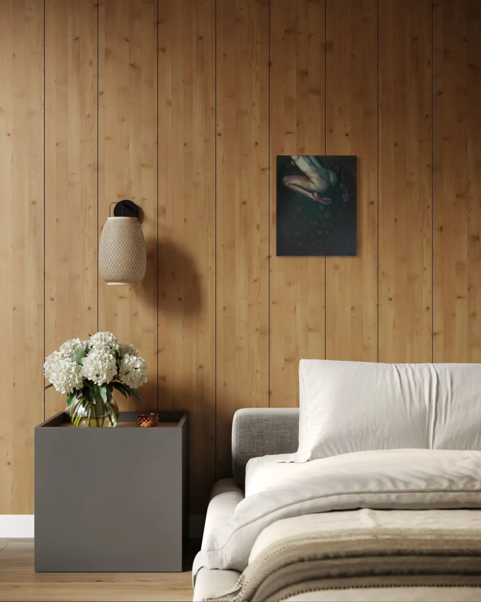 Bedroom with a wooden wall and a painting of a female nude in green tones above the bed
