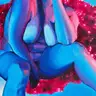 Jagoda Laprus. Oil painting 13x18cm. Shapely nostalgic female nude on a symbolic abstract background in shades of magenta, purple, and blue