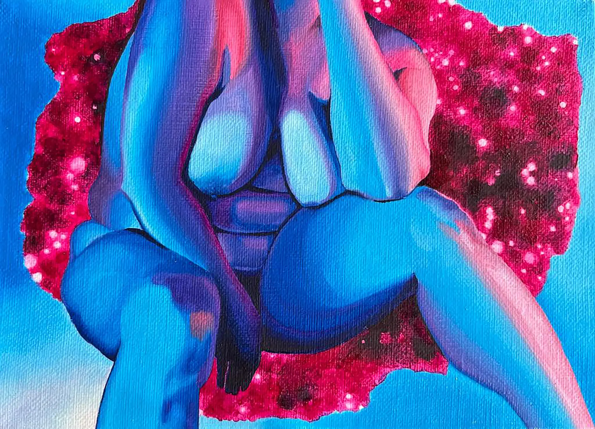 Jagoda Laprus. Oil painting 13x18cm. Shapely nostalgic female nude on a symbolic abstract background in shades of magenta, purple, and blue