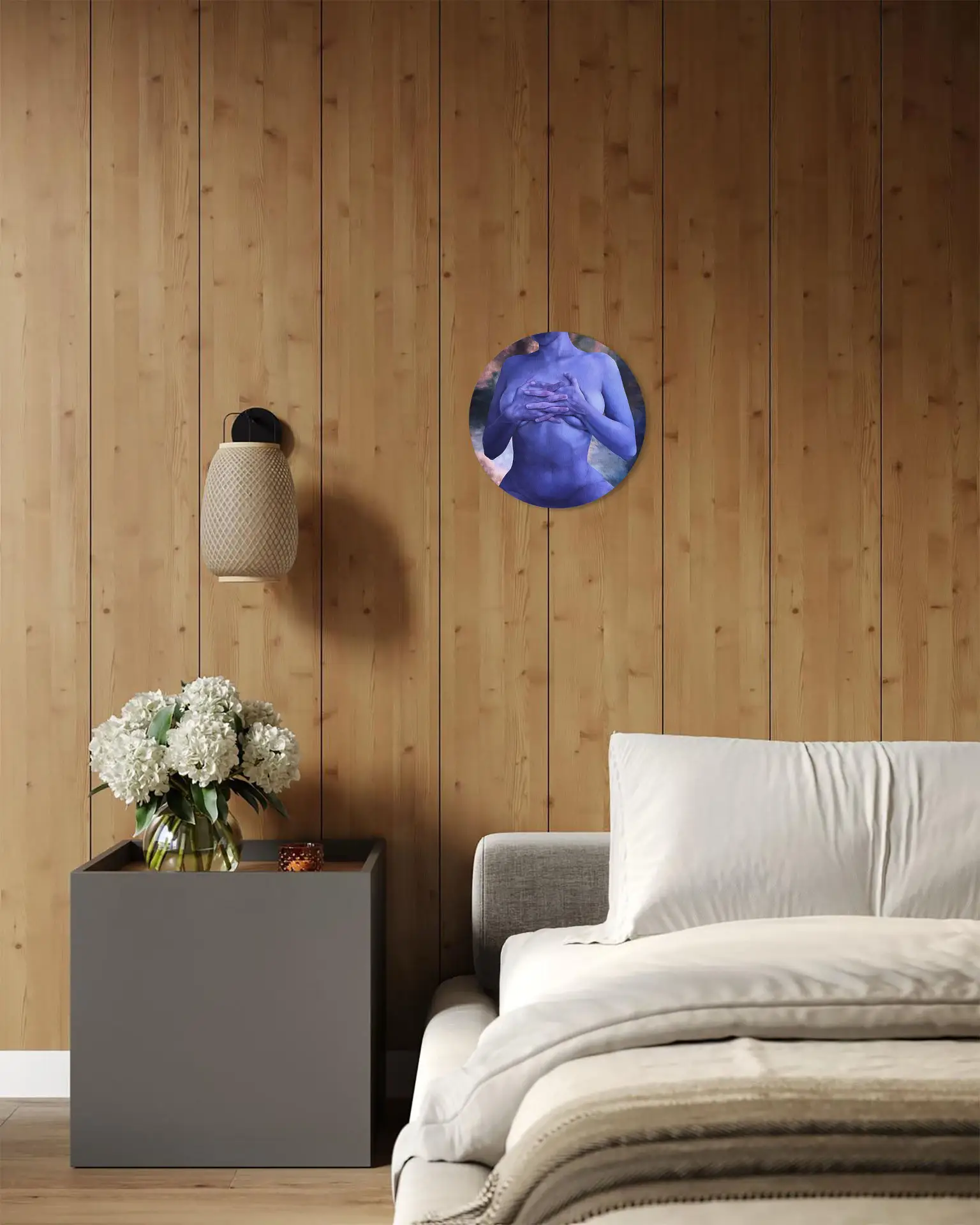 Round wall art with female silhouette in blue tones, modern bedroom decor