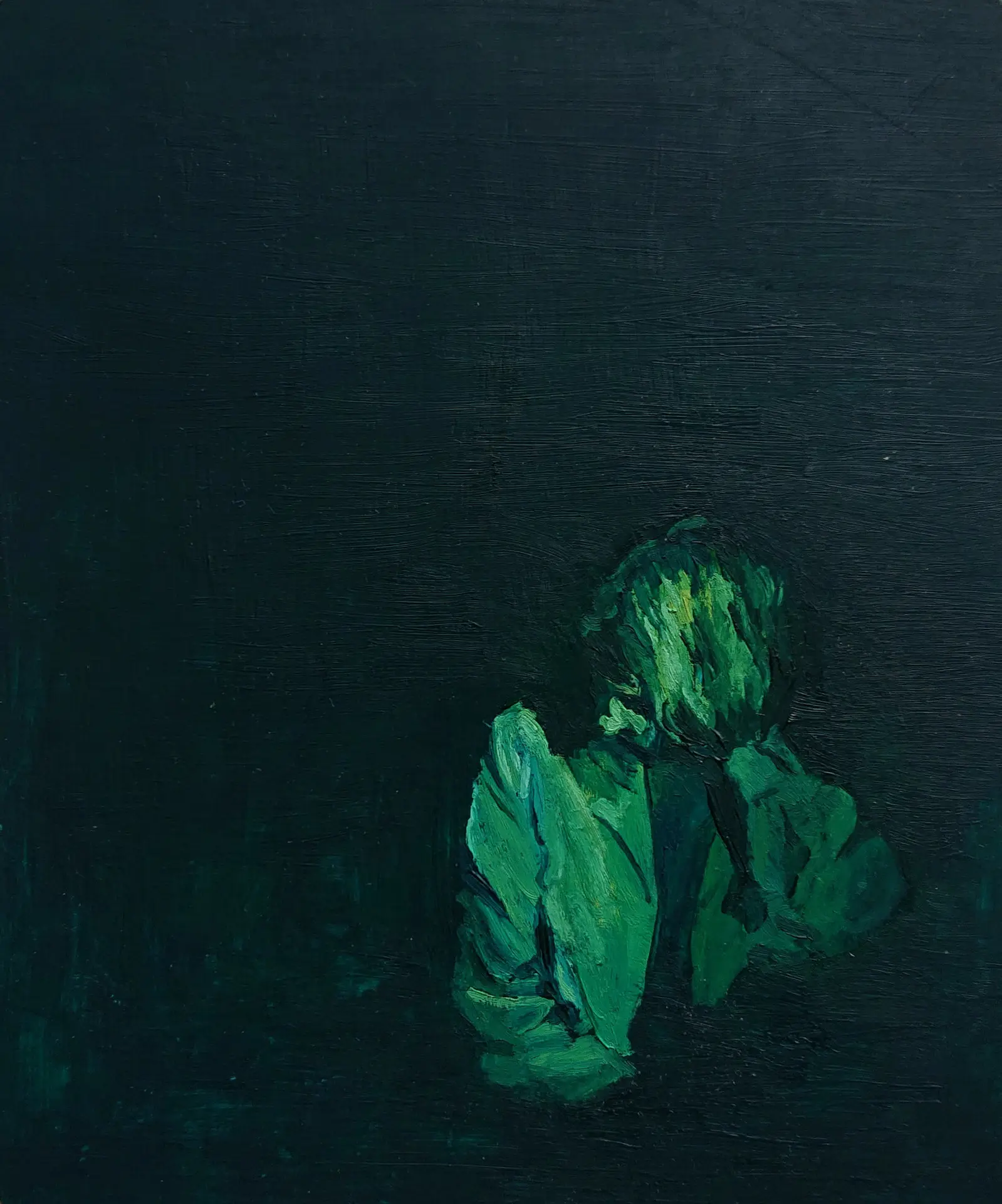 Jagoda Laprus. Oil painting in dark green hues depicting a female figure emerging from darkness with her face turned sideways