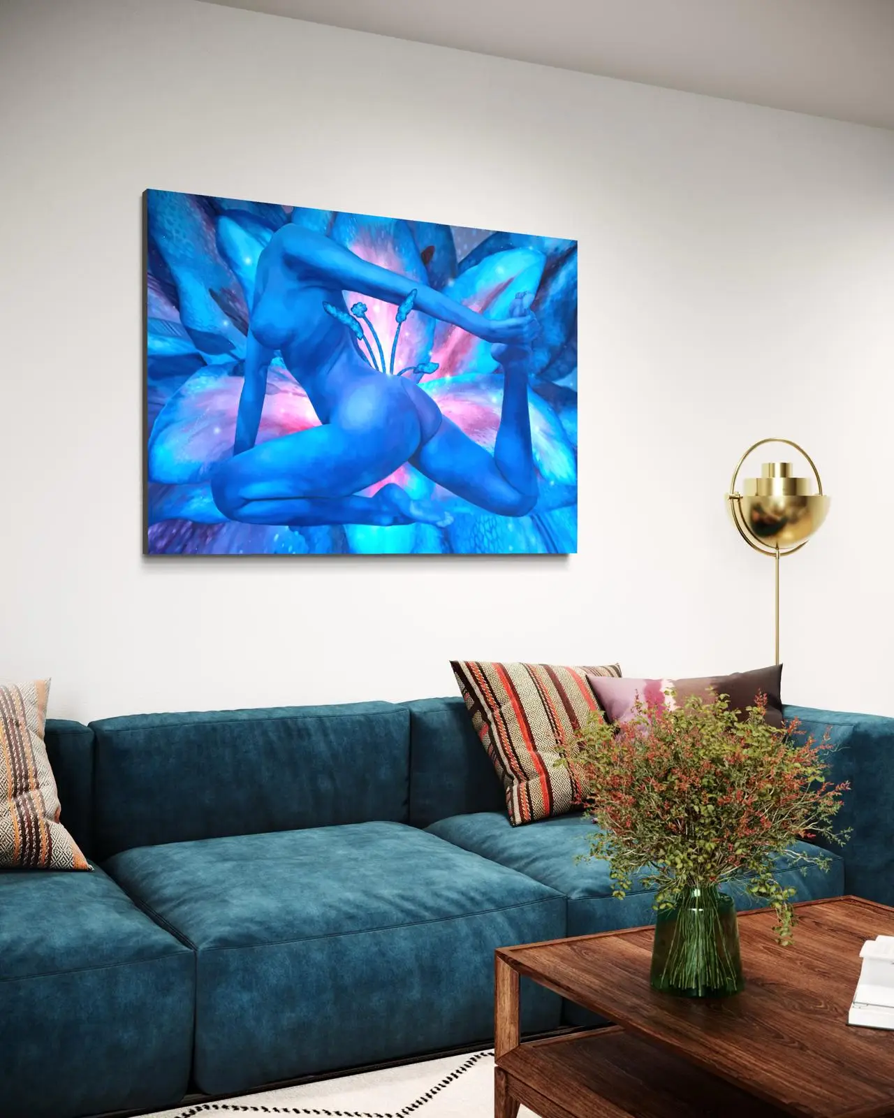 Blue female nude painting displayed above a turquoise sofa in a modern living room.