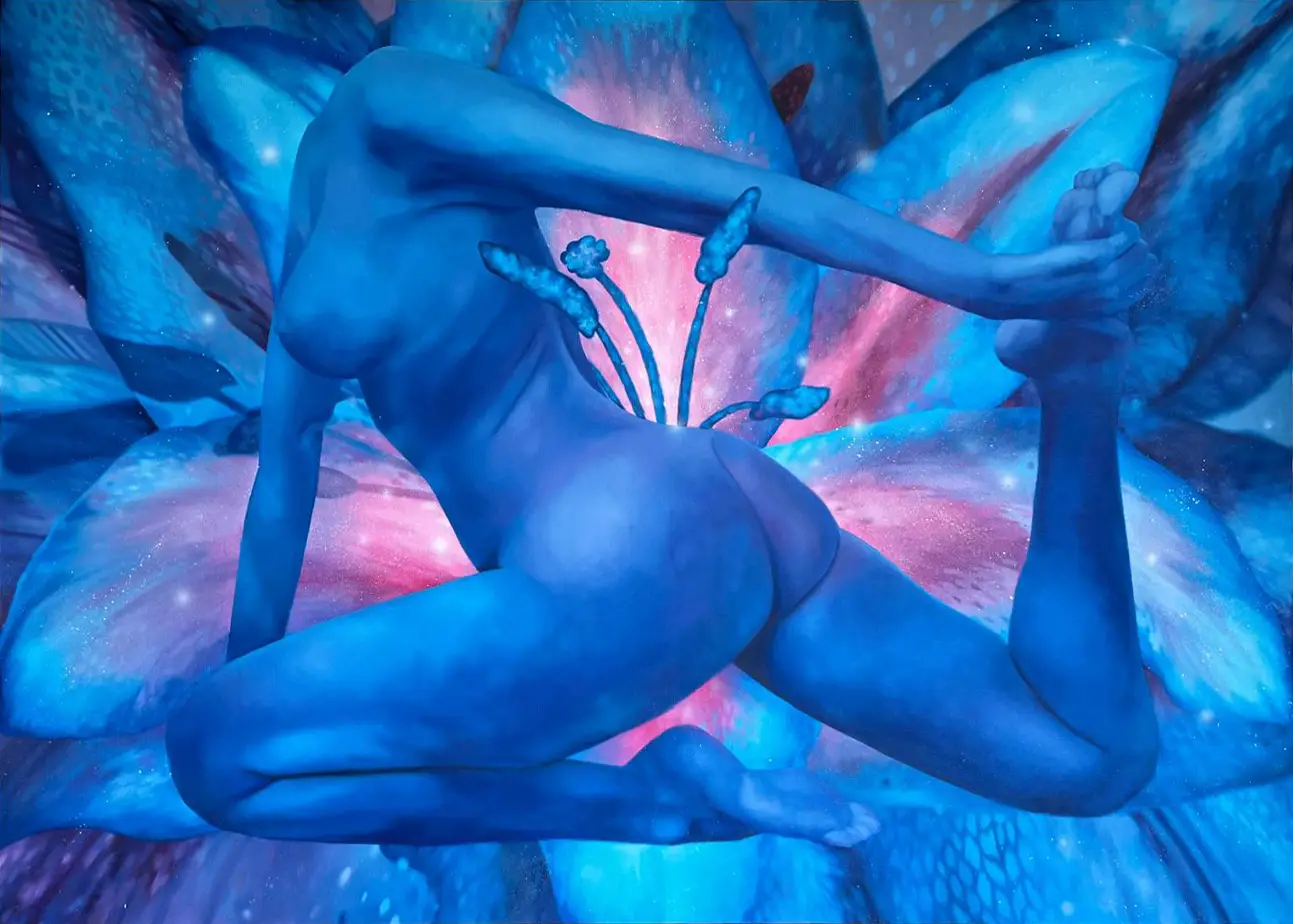Surreal blue female nude against a luminous flower in turquoise and pink.