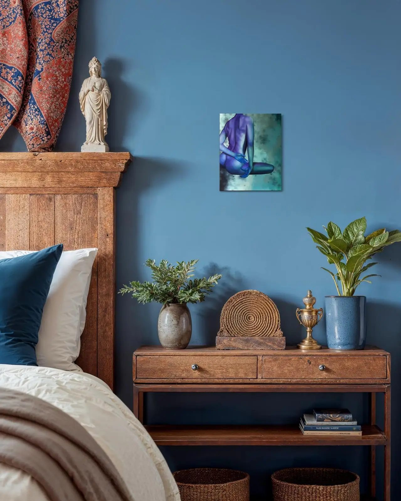 Vintage-style bedroom with a wooden bed, blue wall, and a painting of a female nude in cool tones, decorated with plants and antique details