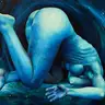 Jagoda Laprus. Oil painting 13x18cm. Fantastic female nude against a cosmic starry sky in shades of turquoise and navy