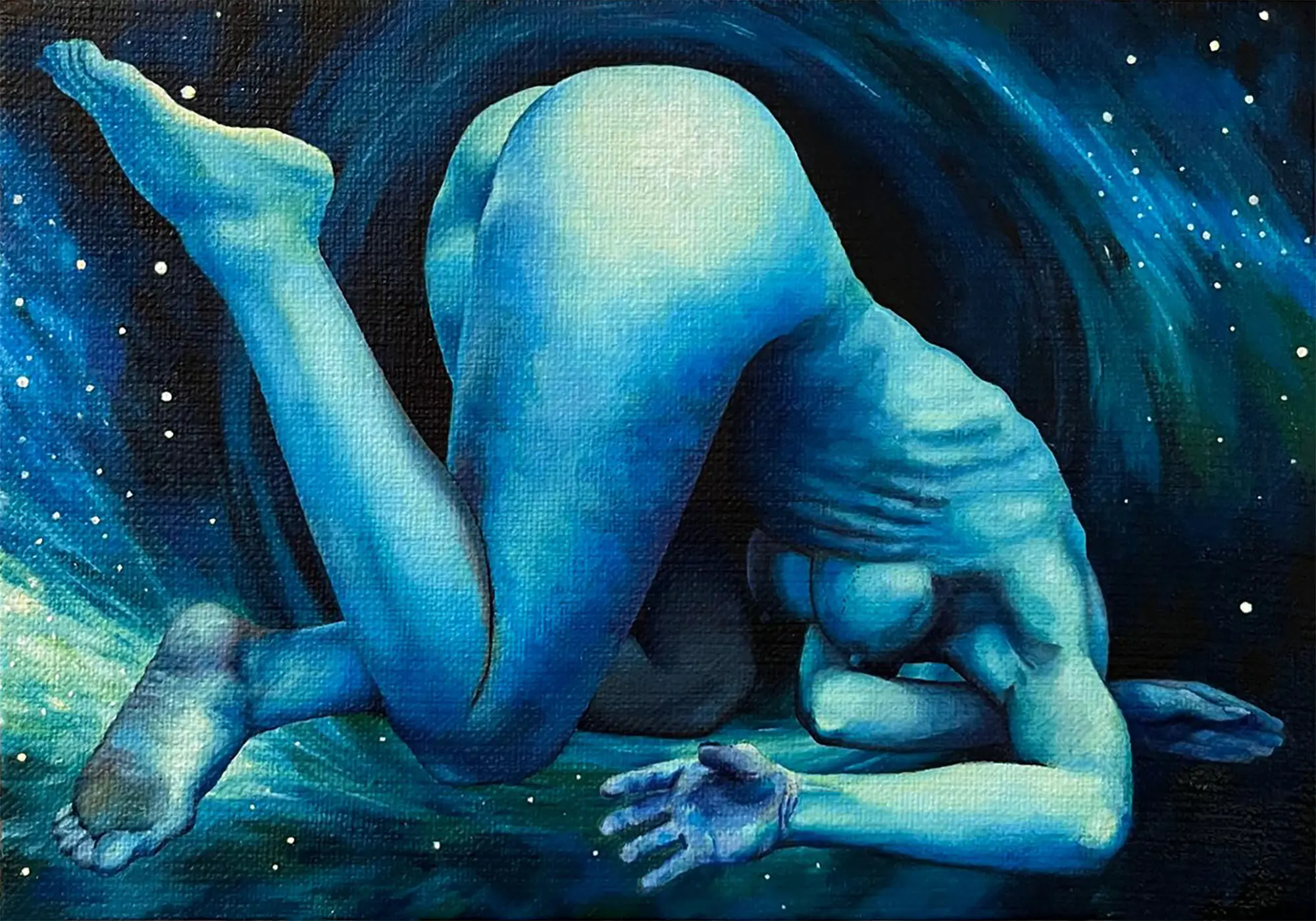 Jagoda Laprus. Oil painting 13x18cm. Fantastic female nude against a cosmic starry sky in shades of turquoise and navy