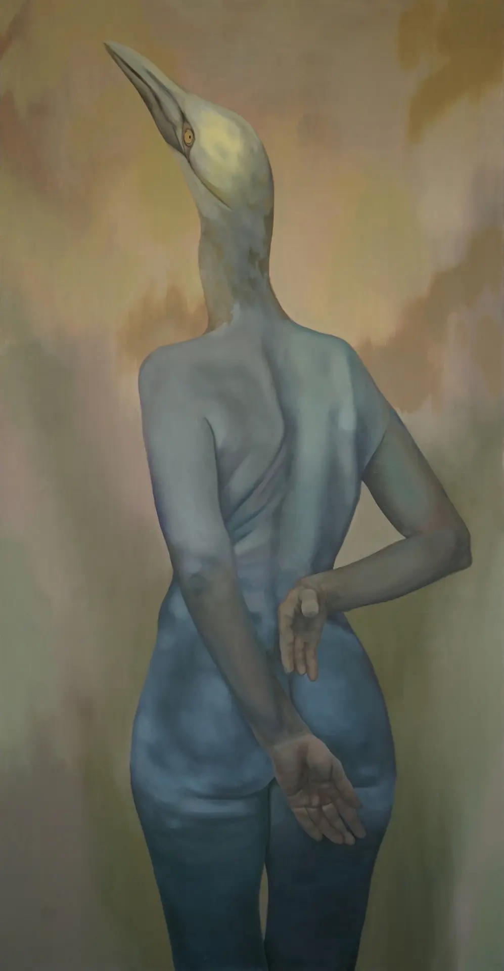 Surrealist painting with a human-bird hybrid in muted colors