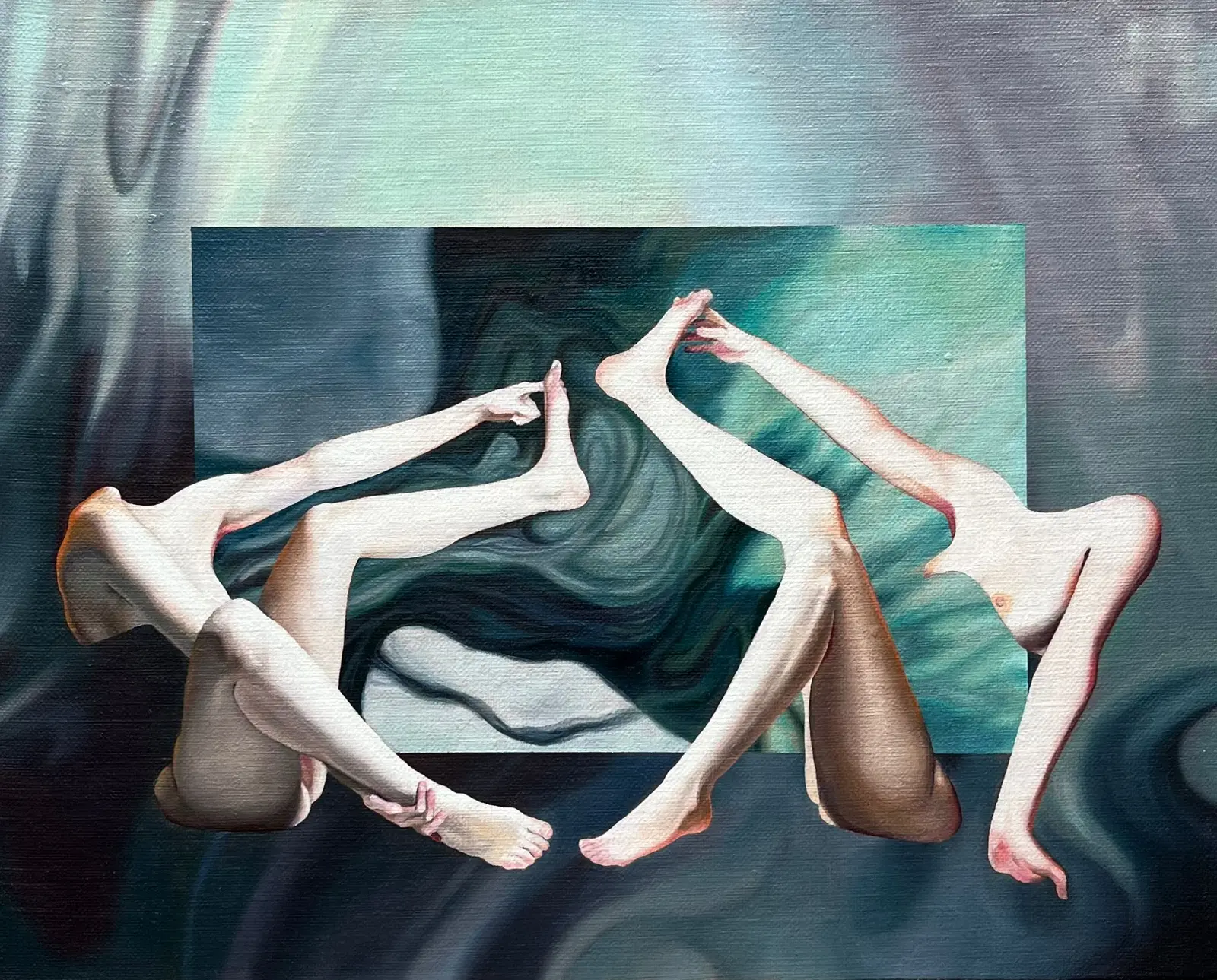 Jagoda Laprus. Oil painting 23x30cm. Fantastic-realistic oil painting by Jagoda Laprus depicting the silhouettes of two women symmetrically placed on an abstract background resembling waves and wind in shades of gray, turquoise, and blue
