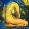 Oil painting of a seated female nude in warm yellow tones against a deep blue background with glowing specks