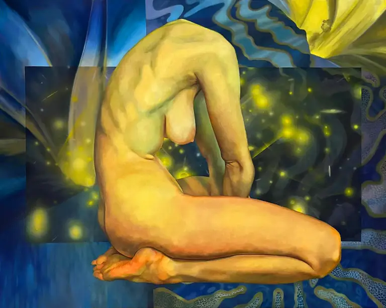 Oil painting of a seated female nude in warm yellow tones against a deep blue background with glowing specks