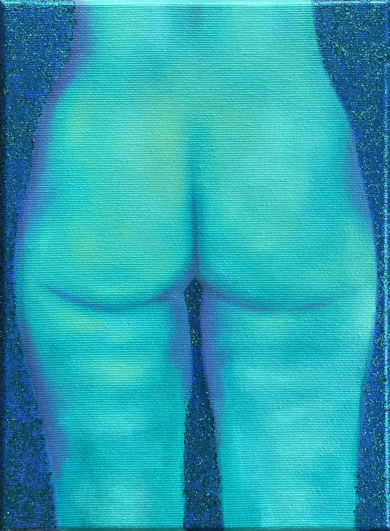 Jagoda Laprus. Strukturalny obraz olejny 30x20cm. Malarstwo olejne przedstawiające nagie pośladki w odcieniach turkusu na tle błyszczącego błękitnego brokatu