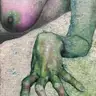 Abstract painting depicting a female body and a green hand, a surreal artistic composition in shades of green, pink and beige, contemporary painting on canvas