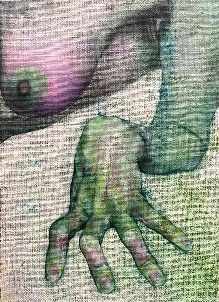 Abstract painting depicting a female body and a green hand, a surreal artistic composition in shades of green, pink and beige, contemporary painting on canvas