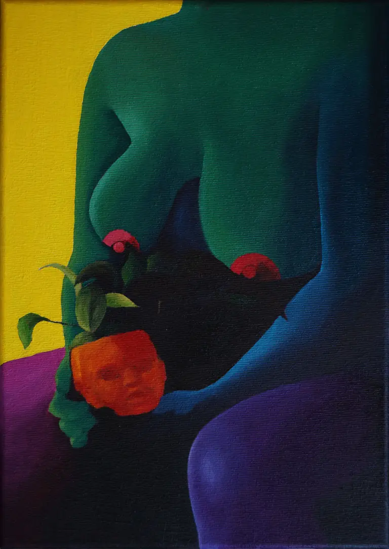 Jagoda Laprus. Obraz olejny 30x22cm. Surrealistyczny akt kobiecy autorstwa Jagody Laprus prezentujący tors kobiety trzymającej doniczkę w kształcie głowy dziecka