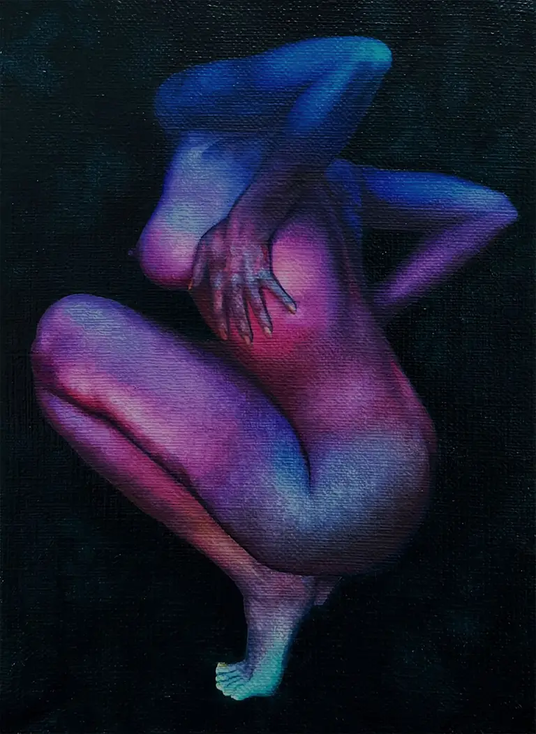 Jagoda Laprus. Obraz olejny 18x13cm. Kucająca bokiem naga kobieta z rękoma opartymi po bokach akt olejny w fiolecie granacie i różu